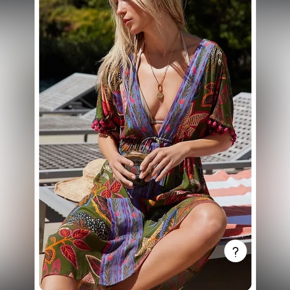 Farm Rio Cover Up Dress Leaves Tassels Pom Caftan Kimono - Picture 4 of 7